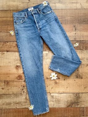 Agolde Jamie Medium Wash High-Rise Jeans Distressed Button Fly